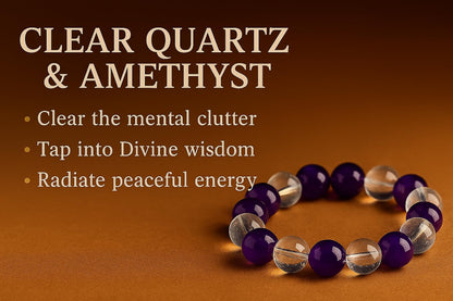 BHAVYAASHI Amethyst & Clear Quartz Bracelet for Women & Men – Natural Healing Crystal Bead Stretch Bracelet, Energy Stone for Protection, Chakra Balance, Meditation, Manifestation & Spiritual Gift