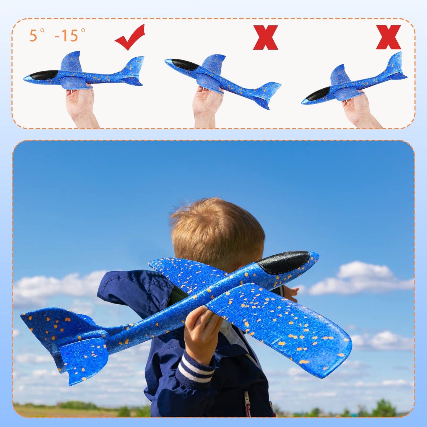 VCOSTORE 2 Pack Foam Airplanes for Kids, 13.3'' Throwing Foam Glider Planes Toys, Flying Styrofoam Kid Airplanes Toy for 3 4 5 6 7 8 9 10 11 12 Year Old Boys Girls with Outdoor Sports Play