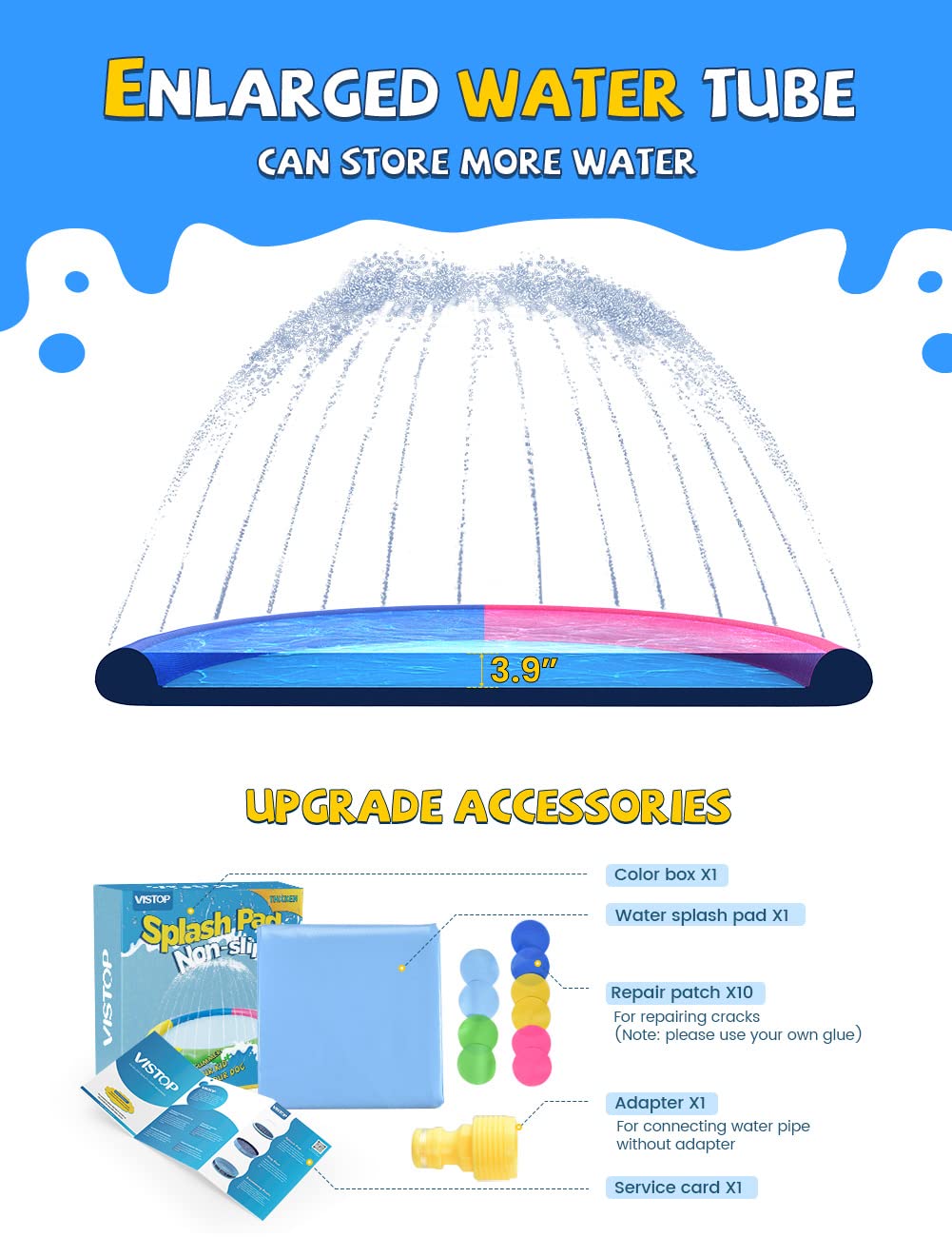 VISTOP Non-Slip Splash Pad for Kids and Dog, Thicken Sprinkler Pool Summer Outdoor Water Toys - Fun Backyard Fountain Play Mat for Baby Girls Boys Children or Pet Dog (67 inch, Red&Yellow&Green&Blue)