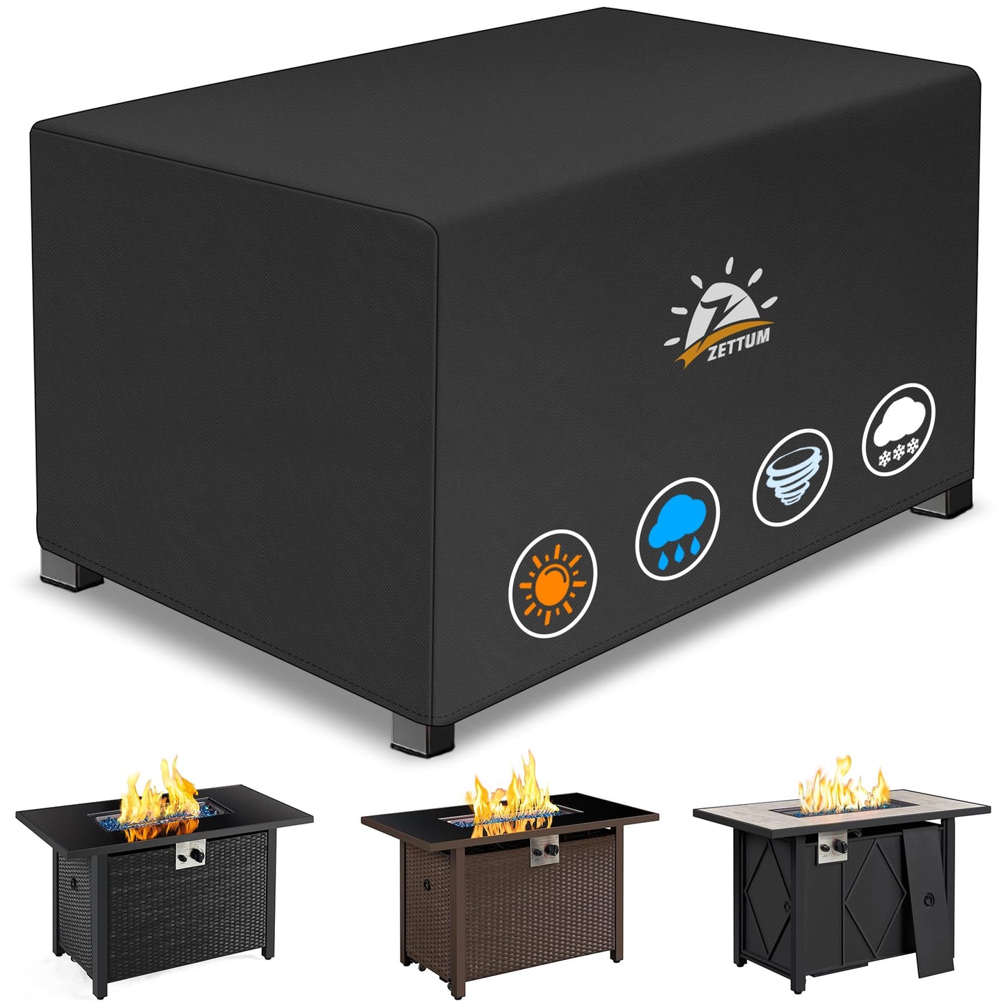 Zettum Fire Pit Cover Rectangular 58 Inch - Outdoor Fire Table Cover Rectangle Heavy Duty & Waterproof, 600D Patio Propane Gas Firepit Cover Rectangular Fade & Weather Resistant - 58 x 24 x 24 Inch