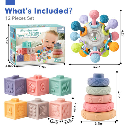 SpringFlower 3 in 1 Montessori Toys for Babies 0-3-6-12 Months, Rattle Teether & Baby Blocks & Soft Stacking Rings, Sensory Developmental Education Toys,Gift for Toddler Baby 0-3-6-12-18 Months