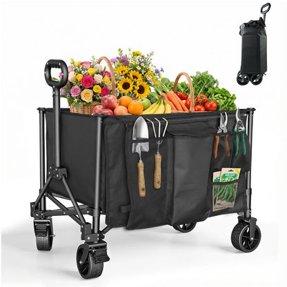 Collapsible Wagon Carts 140L with Waterproof Cover, 360LBS Heavy Duty Foldable Grocery Cart with Detachable Side Pouch & 360° Front Wheels for Garden,Camping, Shopping, Outdoor Sports (Black)