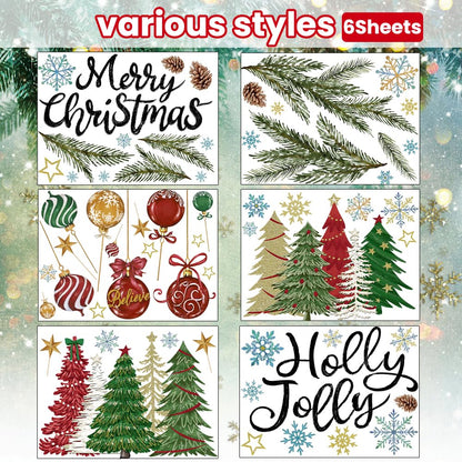 Heirloom Haven 6 Sheets Christmas Window Clings Stickers, Oil Painting Xmas Tree Ball Pine Needle Window's Decals Winter Snowflake Stickers for Home Office Glass Window Decoration
