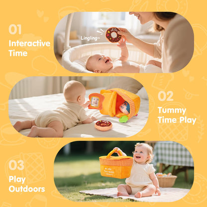 Hahaland Baby Toys 6-12 Months – Picnic Basket Sensory Toy with Crinkle, Rattles, Teether & Mirror, Montessori Play Food Plush for Early Development, Christmas Gifts for 1+ Years Boys & Girls