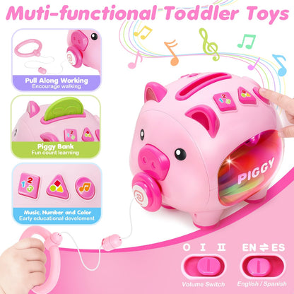 Musical Piggy Toys for 1 Year Old Girl Gift, Piggy Bank with Educational Number, Color, Animal Coin for Baby Interactive Toy 6-12-18 Month, Christmas 1st Birthday for 7 8 9 10 Month Old Girl Boy