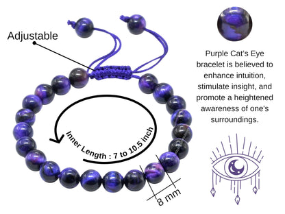 Amazing Gemstone Purple Tiger Eye Bracelet, Gifts For Men & Women - Protection Healing Crystal Bracelet - 8mm Gemstone Beaded Adjustable Bracelet, Pulseras Para Hombres Mujer Stocking Stuffers