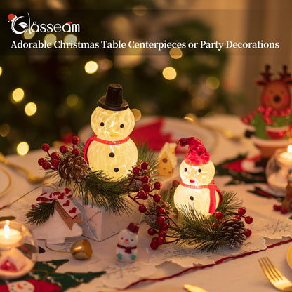 Glasseam Snowman Figurines Christmas Decorations: 2Pcs Cute Glass Light up Snowman Ornaments - LED Christmas Figurines Battery Operated Xmas Decor Gifts for Winter Holiday Home Table Window Fireplace