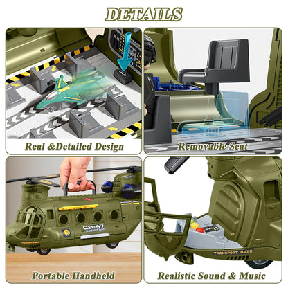 Yiwsnust Military Helicopter Toys Set with Light - Friction Powered Transport Helicopter Toy with Army Tanks, Airplanes, Mini Cars - Army Toys Military Playset Christmas Birthday Party Gifts for Kids