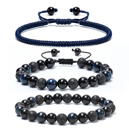 SAMXY Men Bead Bracelet - 8mm Blue Tiger Eye Black Obsidian & Lava Stone Beads - Natural Onyx & Crystal Healing Stones - Handmade Adjustable Protection Bracelet- Spiritual Jewelry Gift for Women men