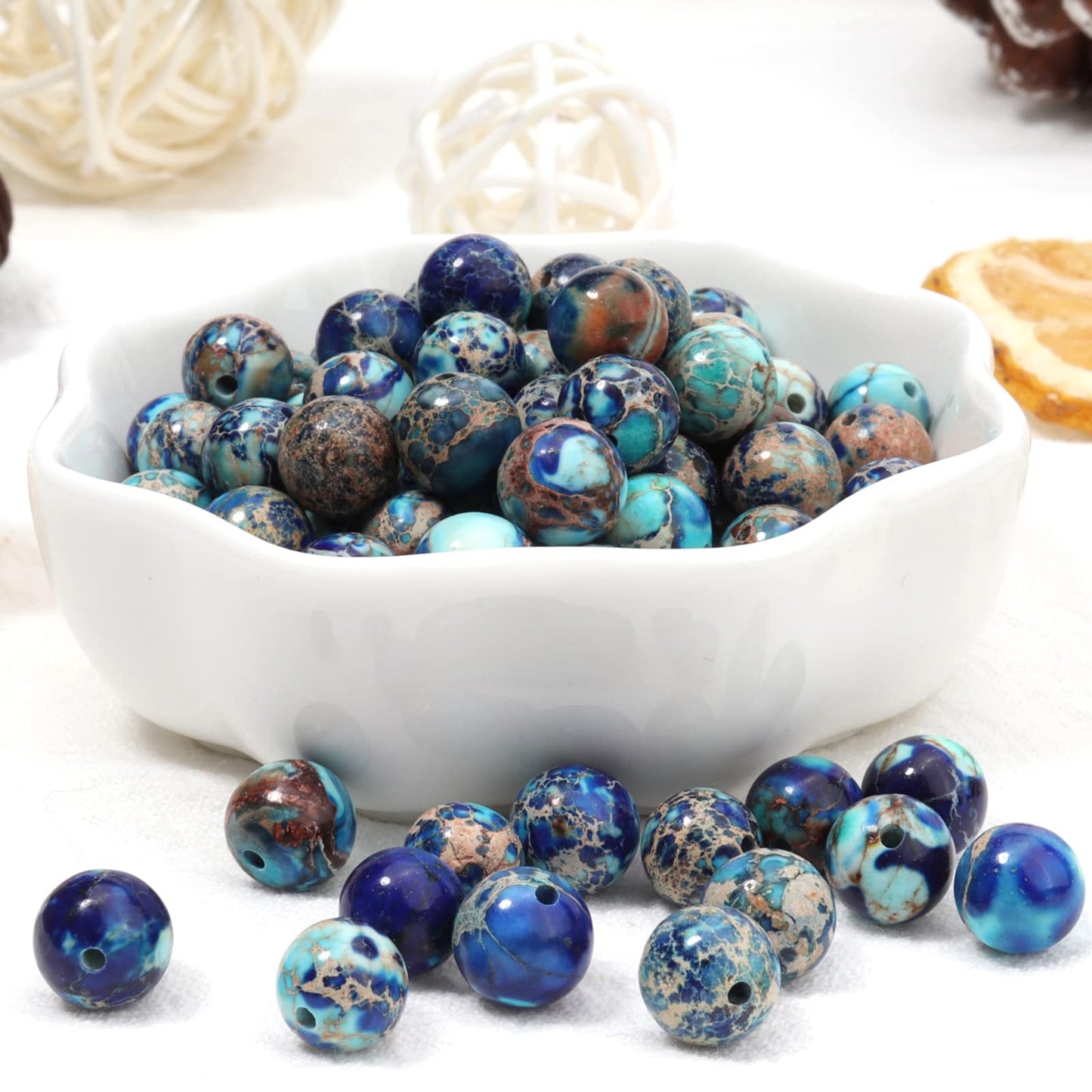 60pcs 6mm Natural Mixed Blue Imperial Jasper Gemstone Beads Energy Healing Crystal Round Loose Stone Beads for Jewelry Making, DIY Bracelets Necklaces