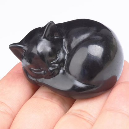 Ytbeoxk 2 Inch Black Obsidian Cat Crystal Statue, Healing Crystal Cat Decorations,Polished Hand Carved Obsidian Lucky Cute Kitten Figurines, Black Cat Gift Home Office Desk Decor for Cat Lovers