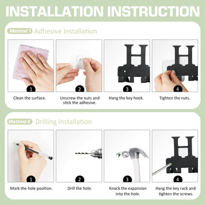 HOMEBROS Key Holder Wall Mount, Adhesive Metal Key Hanger with 6 Double Hooks, 2 Installation Methods, Black