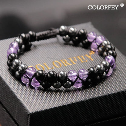 Triple Protection Bracelet for Women, Genuine Healing Crystal Bracelet Amethyst Black Obsidian Hematite 6mm, Pyramid Energy Crystal Beads Bracelets Stone Bracelets for Mom Wife for Protection Balance