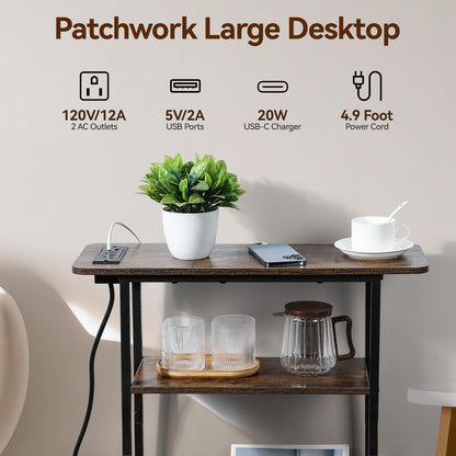Narrow Side Table with USB-C Charging Station, 3-Tier Slim End Table with Magazine Holder, Modern Thin Side Table for Couch or Small Spaces, Skinny Nightstand for Living Room or Bedroom
