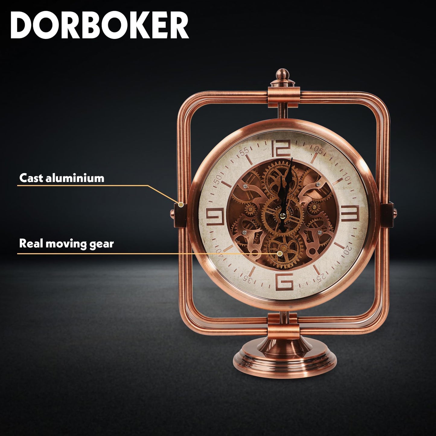 DORBOKER Moving Gears Desk Clock, Mantle Clock, Industrial Steampunk Art Decorative Clocks for Living Room Farmhouse Offcie, Christams Gifts Ideas for Father Boss Senior Friend (11inch-Red Copper)