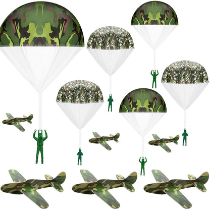 Jerify 12 Pcs Parachute Toys and Camouflage Foam Airplanes Set, Parachute Army Men Toys for Kids Army Hand Throwing and Foam Glider for Boys Gifts Outdoor Party Favors (Camouflage)