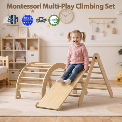 CMFYDAILY Large Pikler Triangle Set, 7-in-1 Toddler Climbing Toys Indoor, Wooden Montessori Climbing Set with Arch Ramp Ladder, Foldable Baby Jungle Gym Playground (Wood Natural)