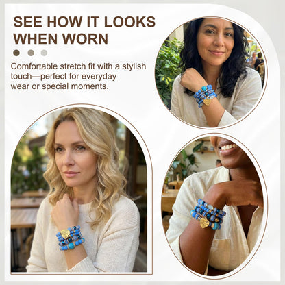 Ysenchan Bohemian Bracelet Set for Women, 4 Pcs Beaded Stackable Bracelets with Heart Charm, Stretch Bracelets, Boho Jewelry Gift – [Blue]