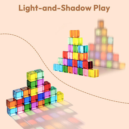 Woodtoe Wooden Building Blocks for Kids, 48 PCS Rainbow Acrylic Gem Cubes Blocks - 32 Wooden Blocks, Montessori Stacking Toy for Toddlers, Educational STEM Learning Sensory Toy Gifts for Boy Girl 3-6