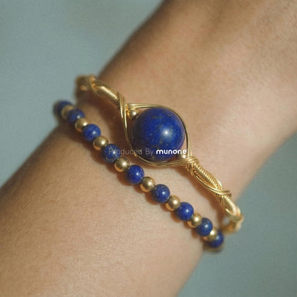 munone Lapis Lazuli Crystal Bangle Bracelet for Women,14K Gold Plated Adjustable Wire Wrapped Double Layer Cuff Bracelets,Healing Crystal Beads Gifts