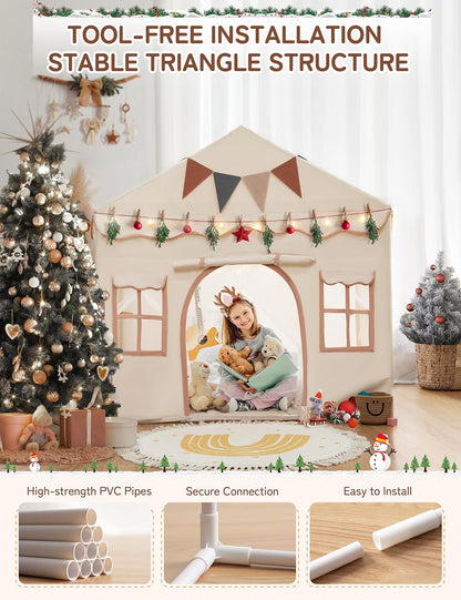 Besrey Kids Play Tent 2 in 1 with Padded Mat and Lights, Large Kids Playhouse with 2 Doors & 4 Windows, Indoor & Outdoor, Christmas Toddler Tent, 51" x35" x 51"