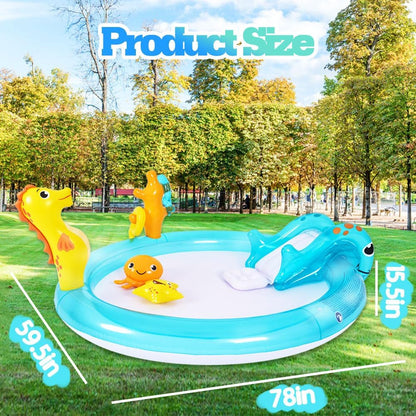 Inflatable Sea Animal Play Center, Inflatable Kids Swimming Pool with Water Slide, Water Sprayer, Sea Spray Kiddie Pool for Kids Children Summer Outdoor Splash, Backyard Garden Water Park