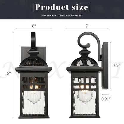 NAXTTII Outdoor Wall Lights Waterproof Exterior Lighting Fixture 15 Inch Height Black Porch Light Outdoor with Water Ripple Glass E26 Socket