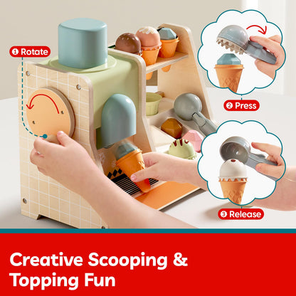 TOP BRIGHT Wooden Ice Cream Pretend Play Toys, Play Kitchen Set for Kids with Ice Cream Counter & Scoop & Menu, Montessori Toys for Boys Girls Capybara Gift Age 3+
