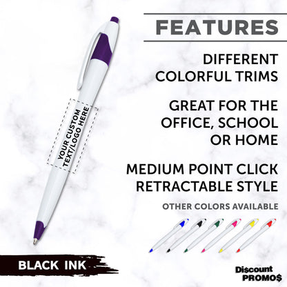 Personalized Ballpoint Pens Set of 10/50/100 by DISCOUNT PROMOS- Black Ink, Slim & Curvy Design, Retractable, Ideal for Office, Corporate Merchandise, Tradeshows- Purple