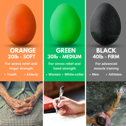 The Friendly Swede Stress Balls for Adults — 3 Squeeze Balls for Hand Therapy, Stress Relief & Hand Strength - Exercise for Grip Strength with 3 Resistance Levels - Egg-Shaped & Skin-Safe
