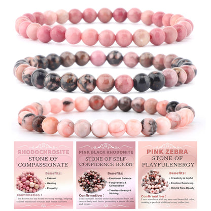 CMBYN 3-Pieces 6mm Natural Crystal Gemstone – ﻿Rhodochrosite, Pink Zebra, Pink Black Rhodonite Handmade Reiki Energy Healing Stretch Bracelets Jewelry for Yoga, Meditation, Unisex