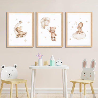 Framed Teddy Bear Wall Art Nursery Decor Set of 3, Bear Sleeping on The Moon and Stars Pictures Canvas, Neutral Bears Poster Prints Wall Decor for Kids Baby Room Girls Children Room – 12x16 inch