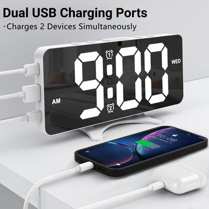 Risop Digital Alarm Clock for Bedroom, Mirror LED Display Bedside Clock with Adjustable Brightness, Dual Alarm & Snooze for Heavy Sleepers, USB Powered Desk Clock for Nightstand, Home & Dorm