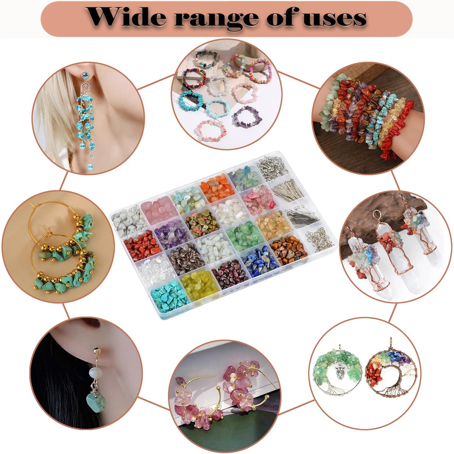 LPBeads Jewelry Making Kit 1200 PCS Natural Crystal Beads in 20 Colors Gemstone, Jump Rings, Earring Hooks, Pins, Elastic Bracelet String for Women and Adults