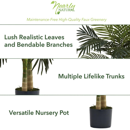 Nearly Natural 4ft Golden Cane Palm, Double Stalk Artificial Tree With Lush Realistic Foliage Maintenance Free Indoor Faux Palm Plant For Living Room, Easy Setup, Perfect Tropical Decoration