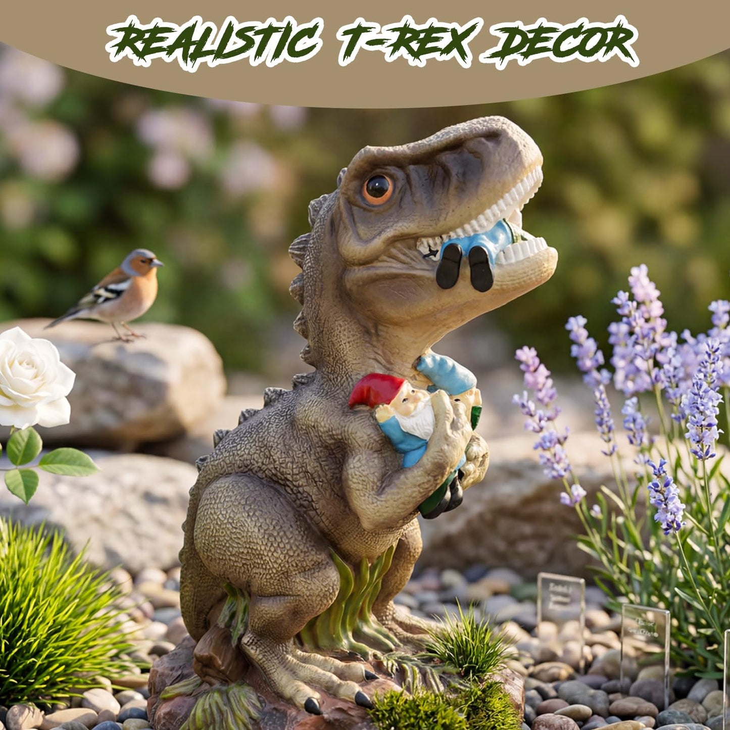 PARTYGEARS Dinosaur Statue with Gnomes, 16“ Large Outdoor Garden Statues Yard Decor, Funny Dinosaur Holding Gnomes Figurines for Patio Lawn, Weatherproof Gnome Decorations for Home, Unique
