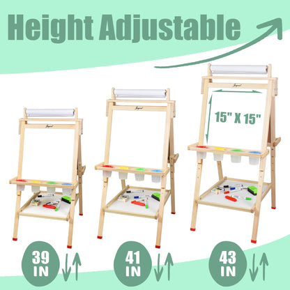Joyooss Art Easel for Kids with Double-Sided Magnetic, Wooden Standing Kids Easel with Dry Erase Whiteboard & Chalkboard, Height Adjustable Children Easel with Paper Roll, Bonus Toddler Art Supplies
