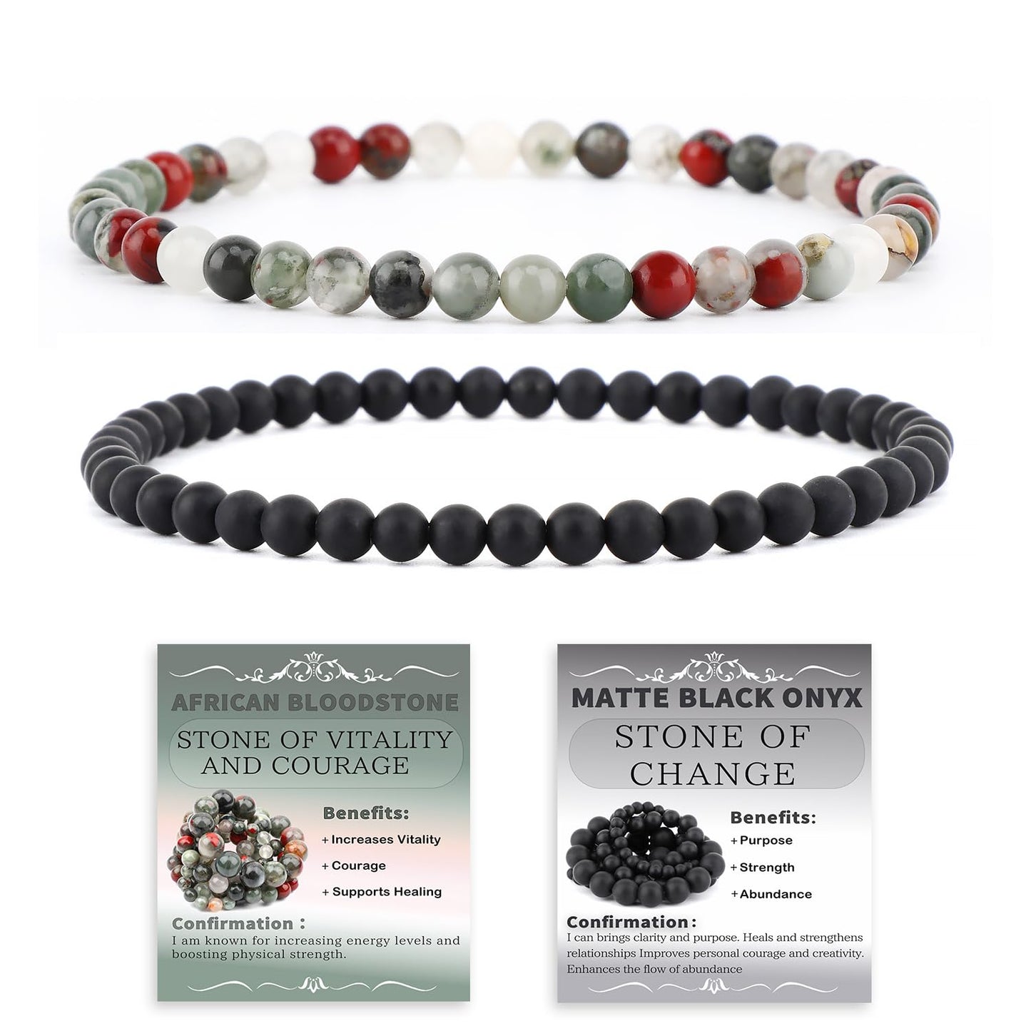 NCB 2-Piece 4mm Natural Crystal Gemstone Stretch Bracelets – ﻿African Bloodstone, Matte Black Agate Handmade Reiki Energy Healing Jewelry for Meditation,Yoga, Unisex