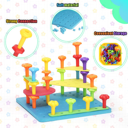 Peg Board Toy set 73Pcs DIY Building Stacking Toys for Kids 3-6 Years Old,STEM Educational Kids Toy for Brain Development,Montessori Sensory Toys,Upgrade Various Foam Board Plastic Lacing String Game