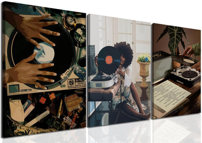 YFvrPt Black Girl Wall Art Decor Modern Black Woman Painting Prints, Set of 3 African American Music Record Player Poster Canvas Artwork for Bedroom Living Room 12x16 inch Framed