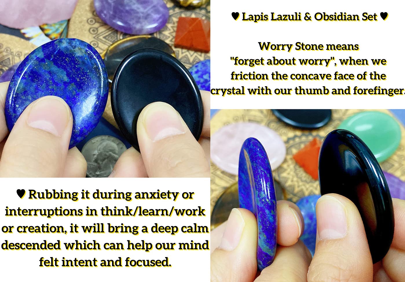 QINJIEJIE 2PCS Crystals Worry Stone for Anxiety Lapis Lazuli Obsidian Healing Crystals Hand Carved Oval Thumb Stones Pocket Gemstones Meditation Crystal Anxiety Relief Items