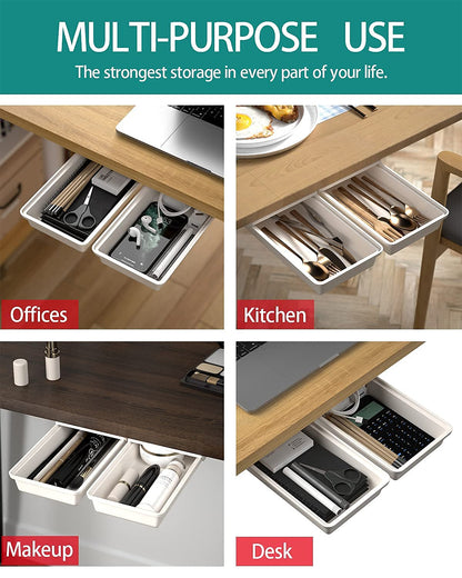 SVNNELP 2Pack Under Table Desk Drawer Storage Organizer Slide Out, Hidden Self-Adhesive Under Desktop Pencil Tray Drawer for Office,Classroom,Kitchen(S/white）