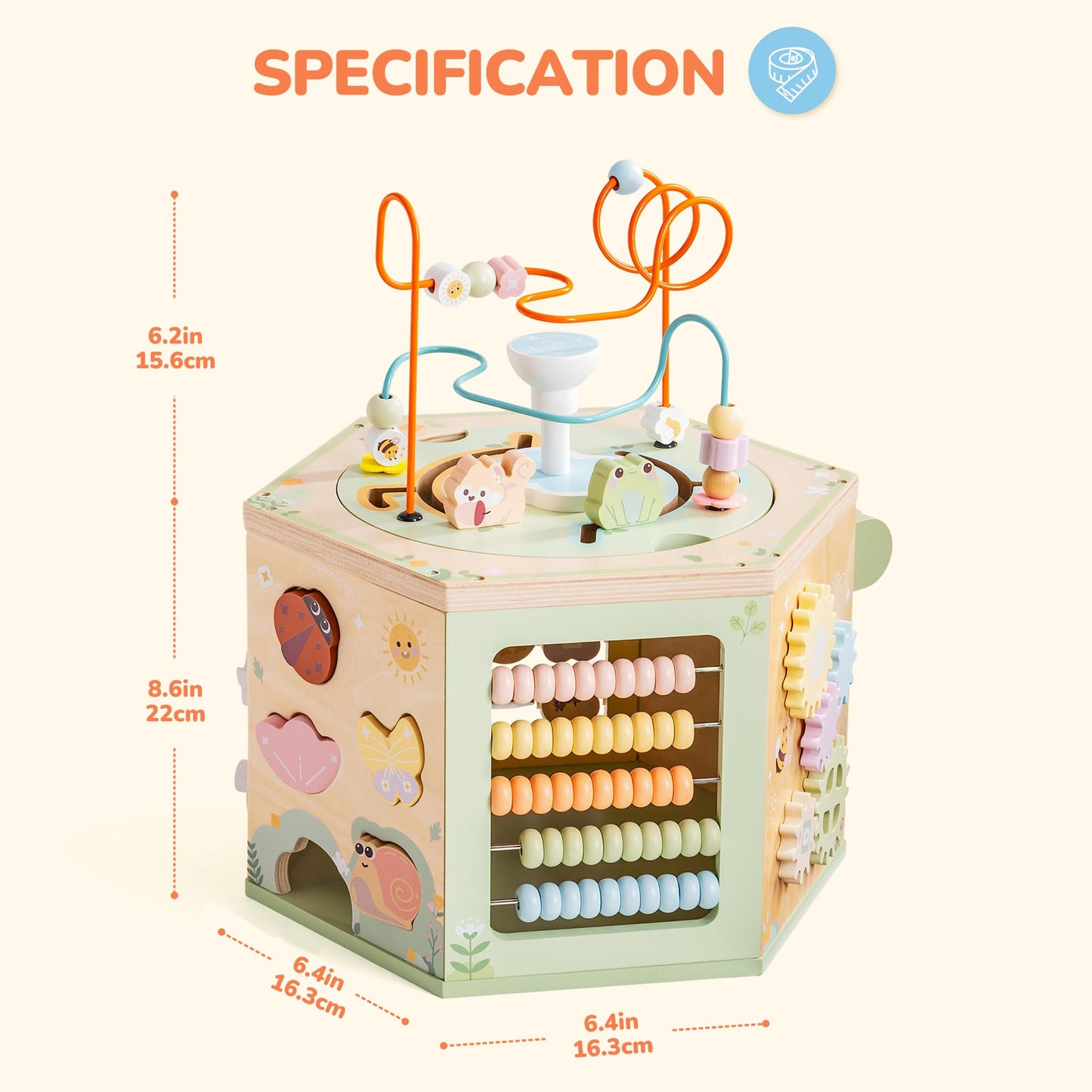ROBUD Wooden Activity Cube, Montessori Toys for 1+ Year Old, Educational Toy with 13 Functional Areas, Fountain Garden Theme for Baby Boys & Girls