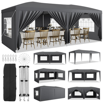 10x20 Pop Up Canopy Tent with 6 Removable Sidewalls, Heavy Duty Easy Up Commercial Party Tent with 3 Adjustable Heights, Waterproof Outdoor Canopy for Events, Wedding & Market, Includes 18 Stakes and