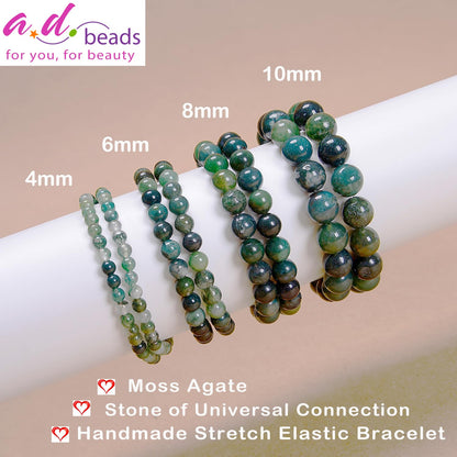 AD Beads Handmade Gemstone Stretch Elastic Bracelet Crystal Healing Reiki Nature's Beauty and Spiritual Essence Unisex (8mm, Moss Agate (Universal Connection))