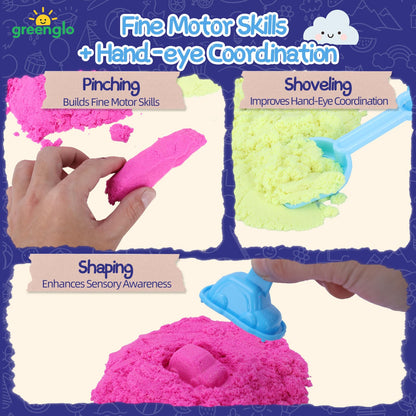 greenglo Kids Sensory Magic Sand Playset - 1.10 Lbs Color Sand Kit, 16 Pcs Molds (Cake/Dessert, car, sea Animal) & Tools, Ideal Sensory Bin for Boys & Girls Ages 3-8