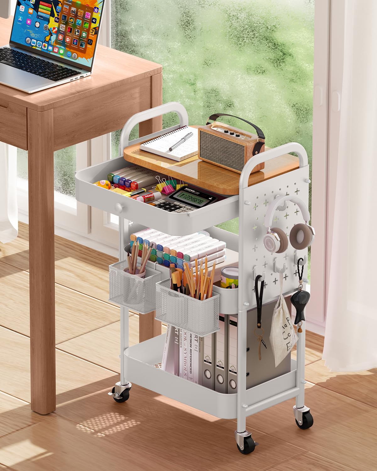 ALVOROG Rolling Cart with Drawer and Wood Table Top, 3 Tier Metal Rolling Utility Cart on Wheels with DIY Pegboards, Hanging Baskets, Hooks for Kitchen, Bedroom, Office, Craft Supplies