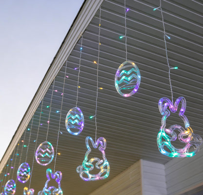 Dazzle Bright Easter Lights, 222LED 9FT Pastel Rabbit and Eggs Curtain String Lights with 8 Modes, Plug in Easter Decorations for Indoor Window Outdoor Party Decor (Pastel)