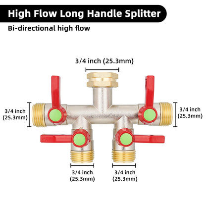 EJW Garden Hose Splitters, 4 Way Hose Splitter, Water Hose Splitters, Hose Bib Splitter, 4 Way Heavy Duty High Flow Splitter, Brass Hose Splitter, Spigot Splitter,Valve 3/4 Inch GHT Thread.