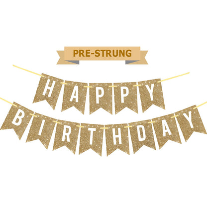 Netnology Pre-Strung Gold Happy Birthday Banner Decorations,12 ft No DIY Gold Glitter Birthday Party Banner Sign Decor for Women Men Girl Boy Party Supplies